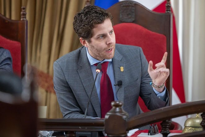 Retrato de Mayer en fondo neutro.